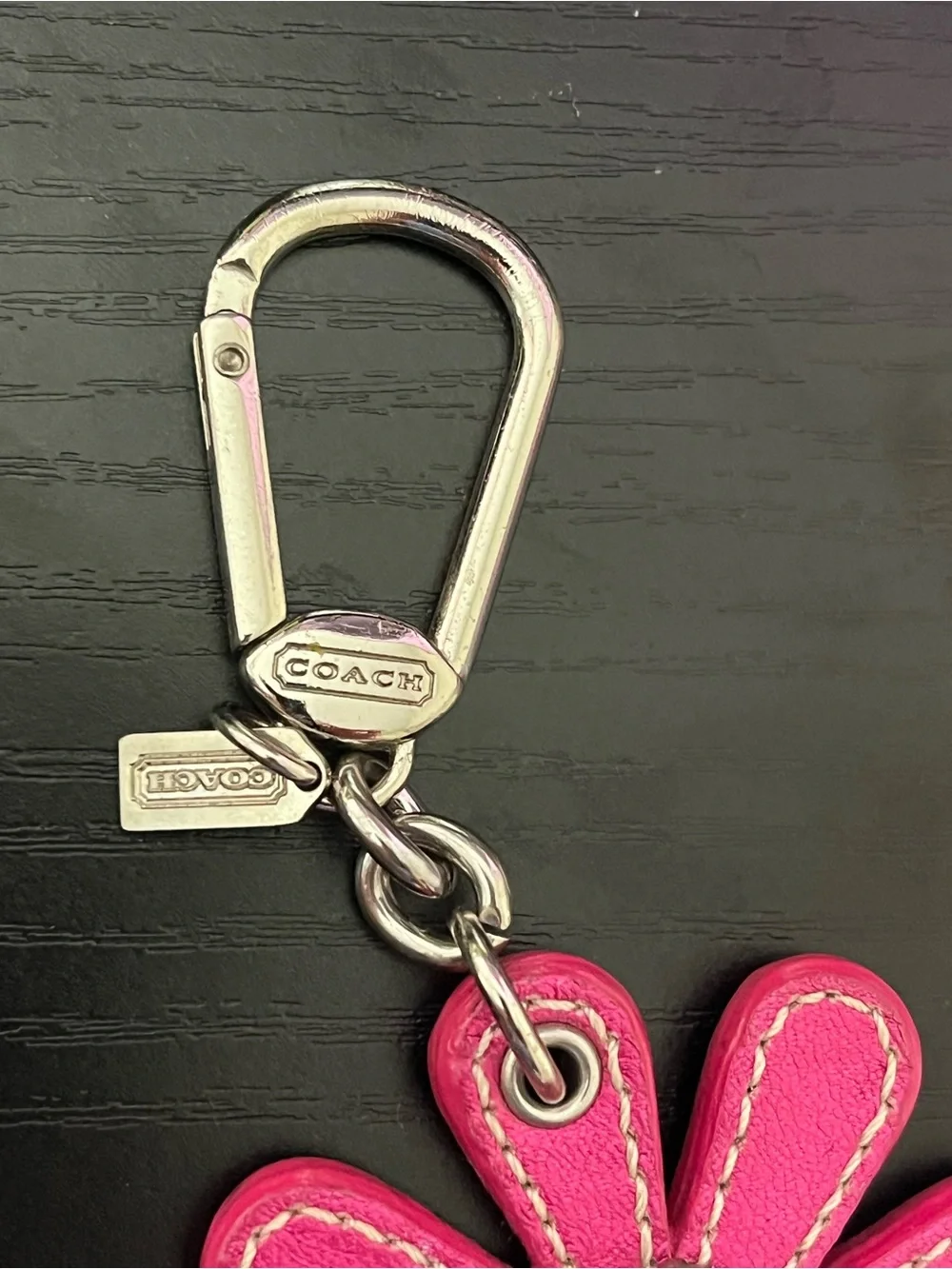 COACH Pink Metallic Leather Flower Keychain Charm with Crystal Embellishments